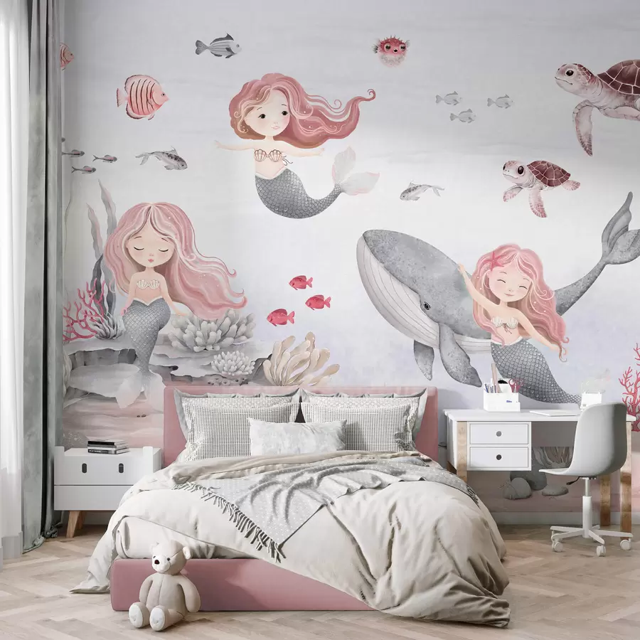 wall murals Underwater world with mermaids and fishes w04166v1