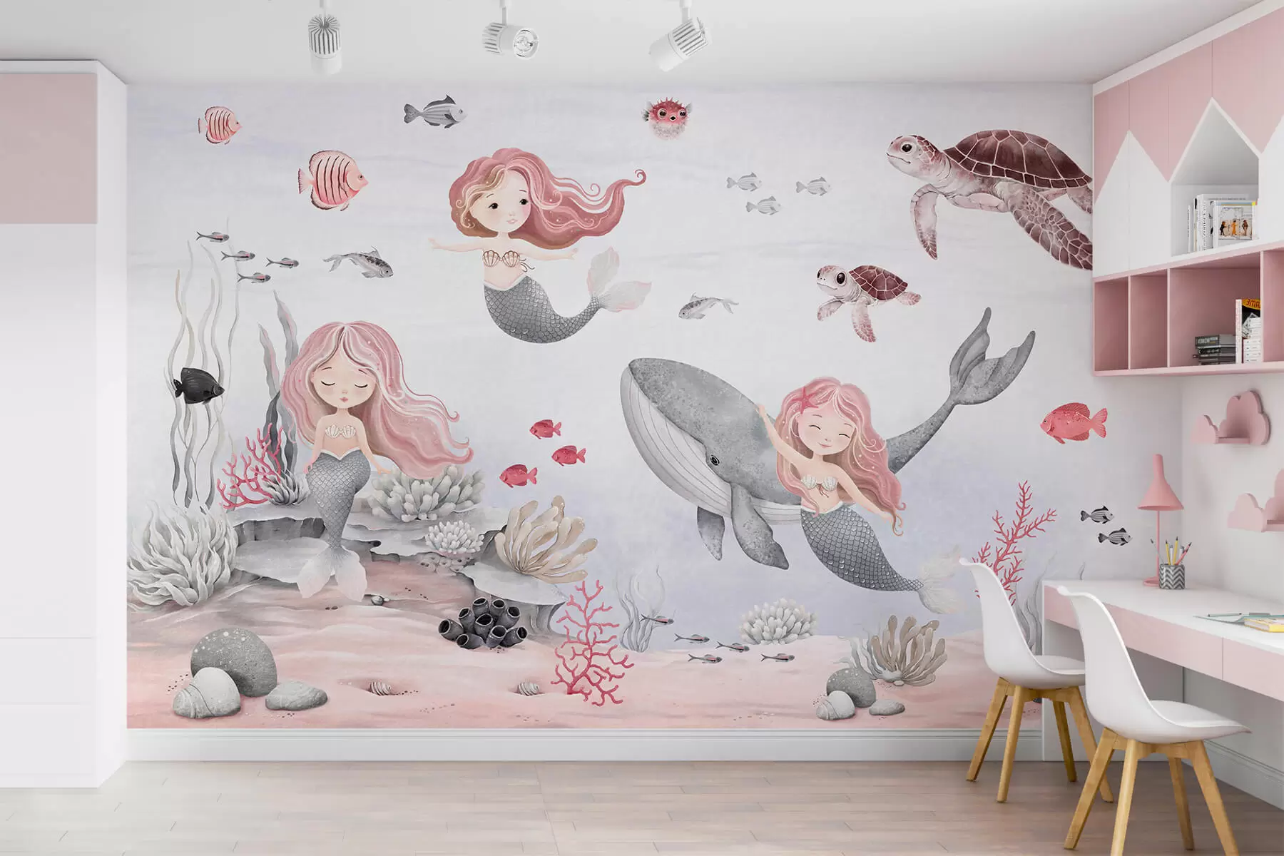 wall murals Underwater world with mermaids and fishes w04166v1