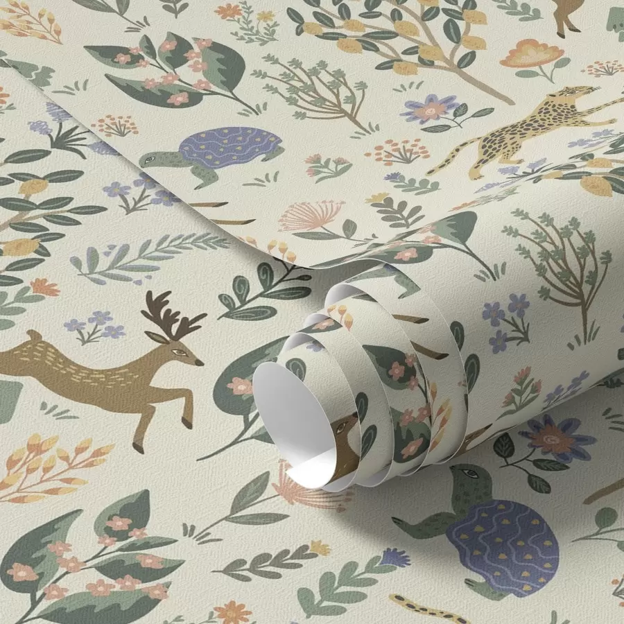 wall murals Retro illustration with leopards, trees and deer a00184