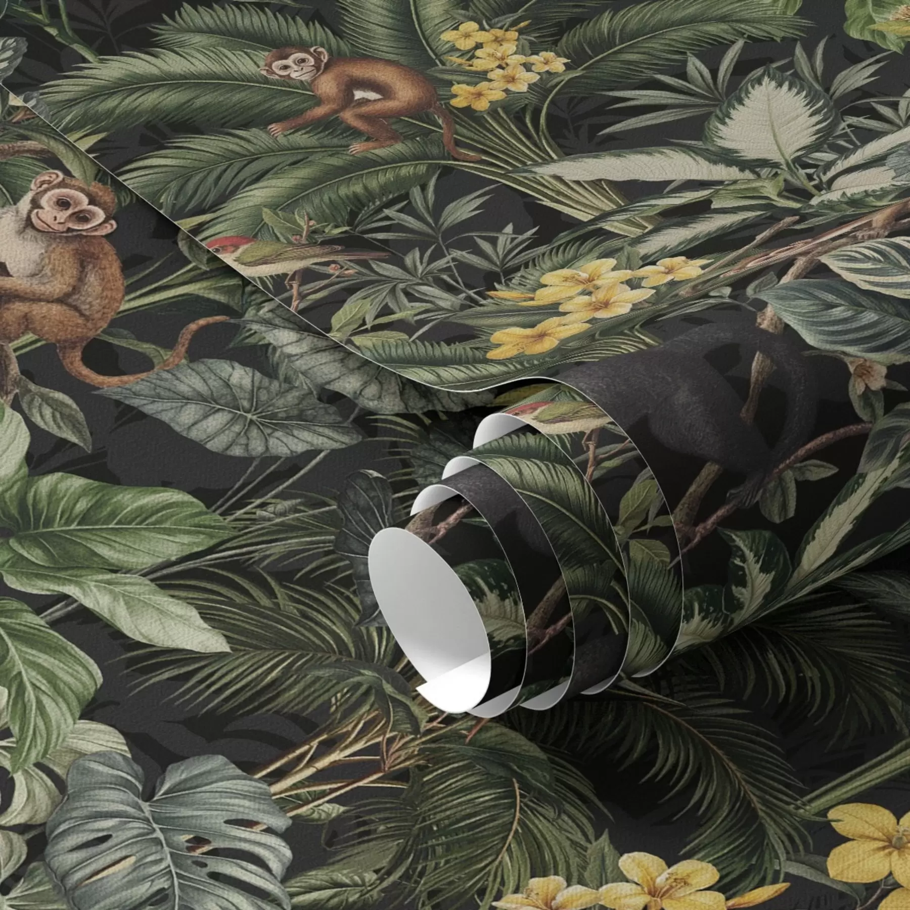 wall murals Tropical jungle with monkeys, birds and dense foliage a00191