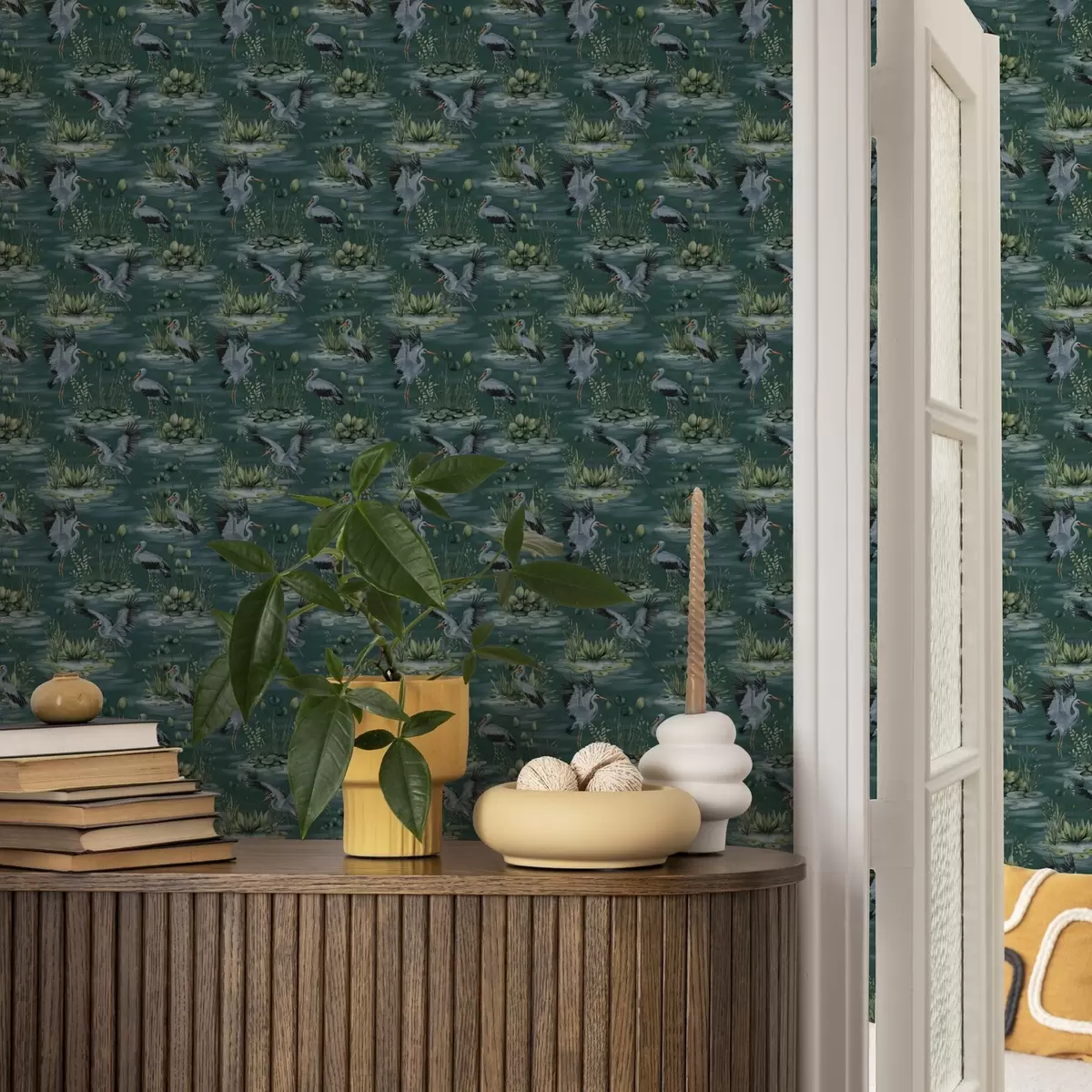 Wallpaper Scenes with herons on the background of ponds and water lilies a00202