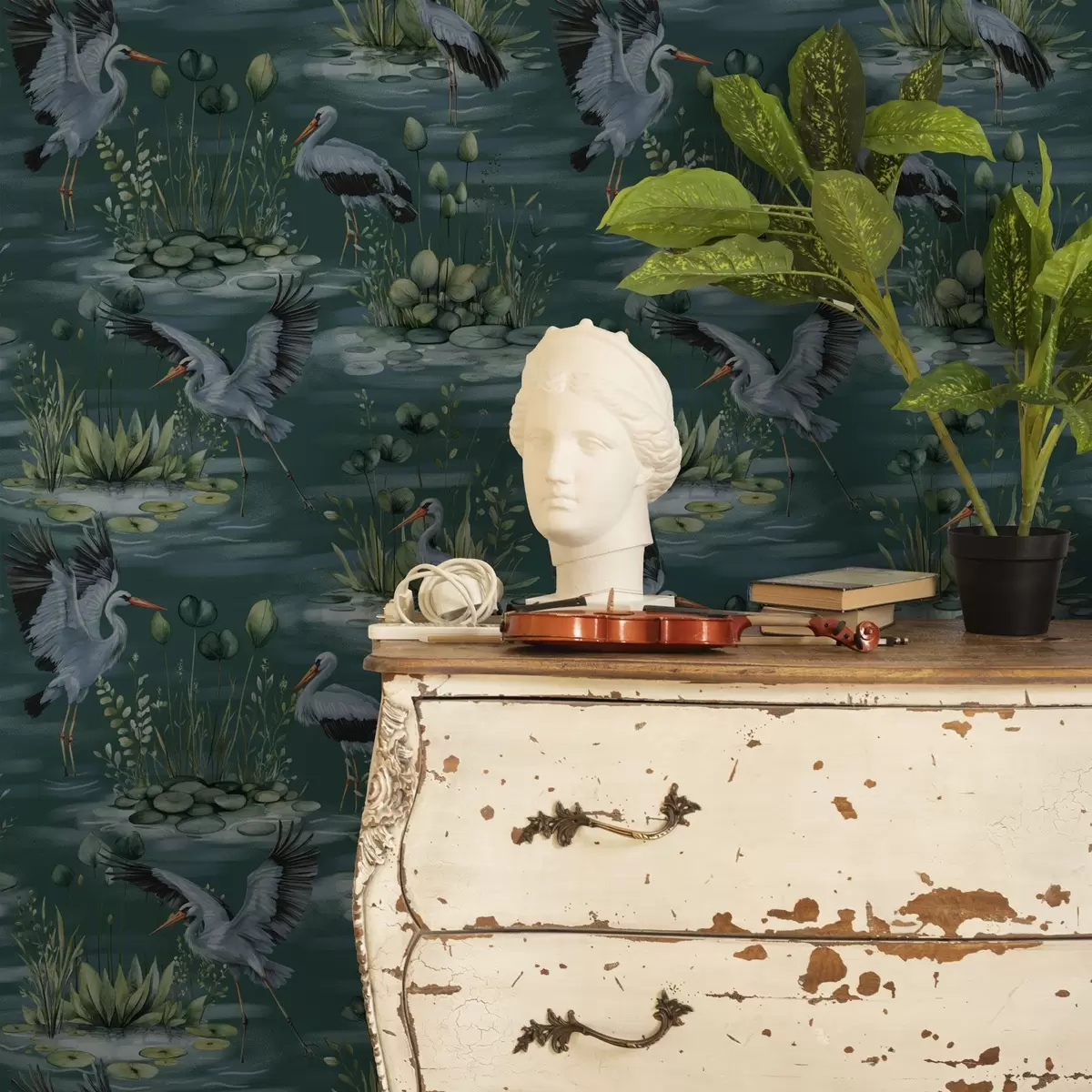 Wallpaper Scenes with herons on the background of ponds and water lilies a00202