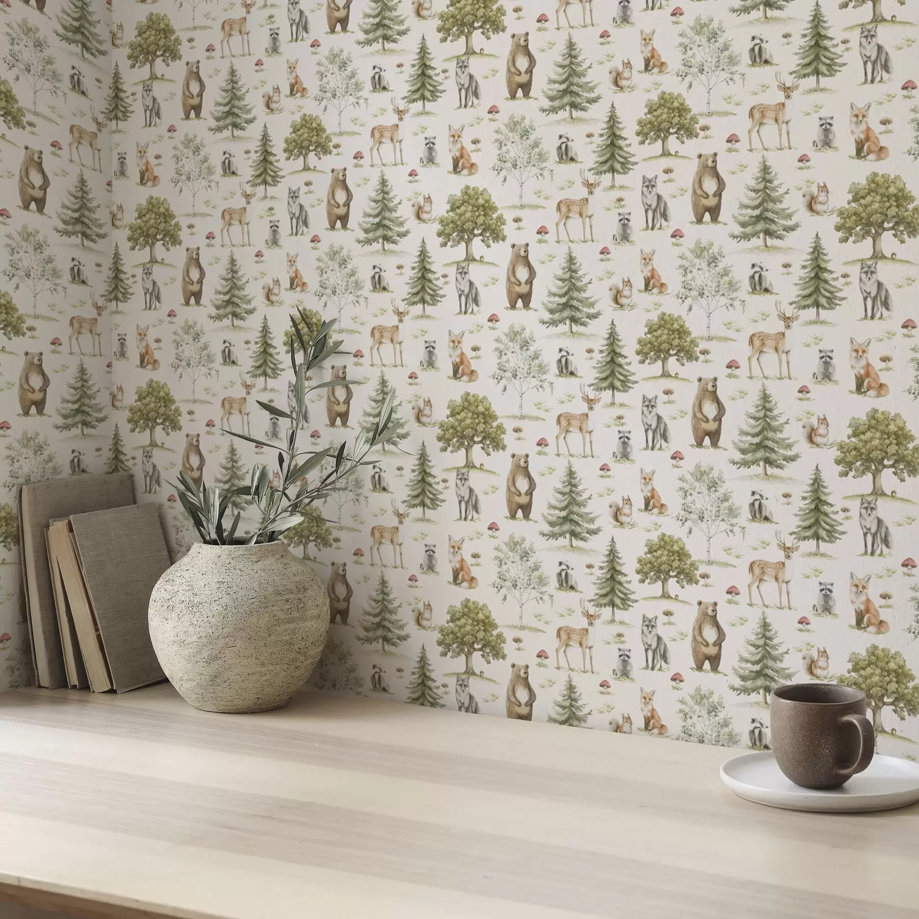 wall murals Forest animals in soft watercolor style, trees and mushrooms a00212
