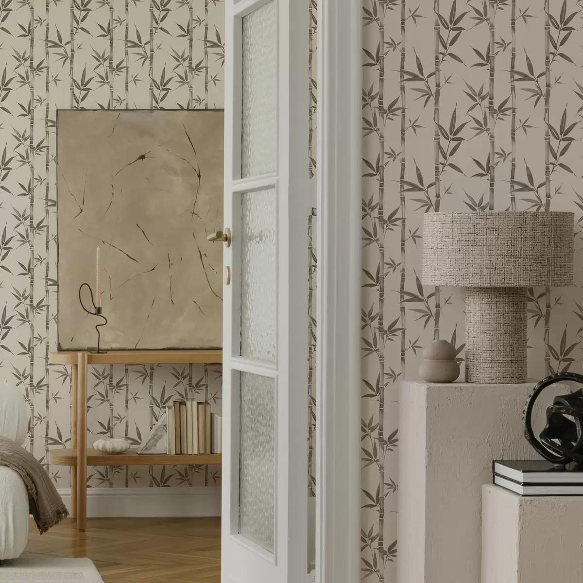 Wallpaper Beige bamboo pattern with Japanese-style leaves a00236