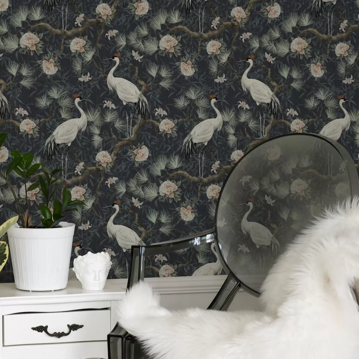 Wallpaper Cranes among pines and peonies on a dark background a00241