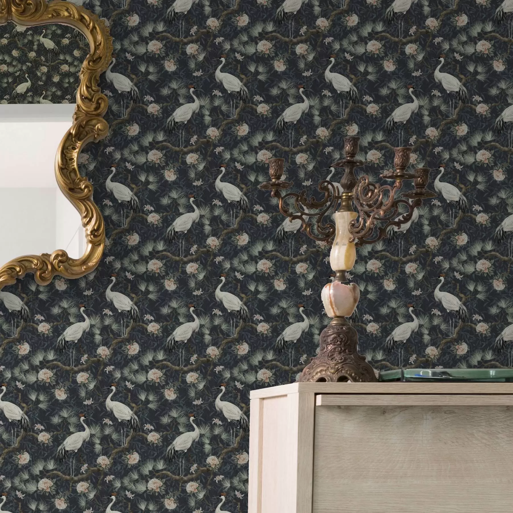 wall murals Cranes among pines and peonies on a dark background a00241