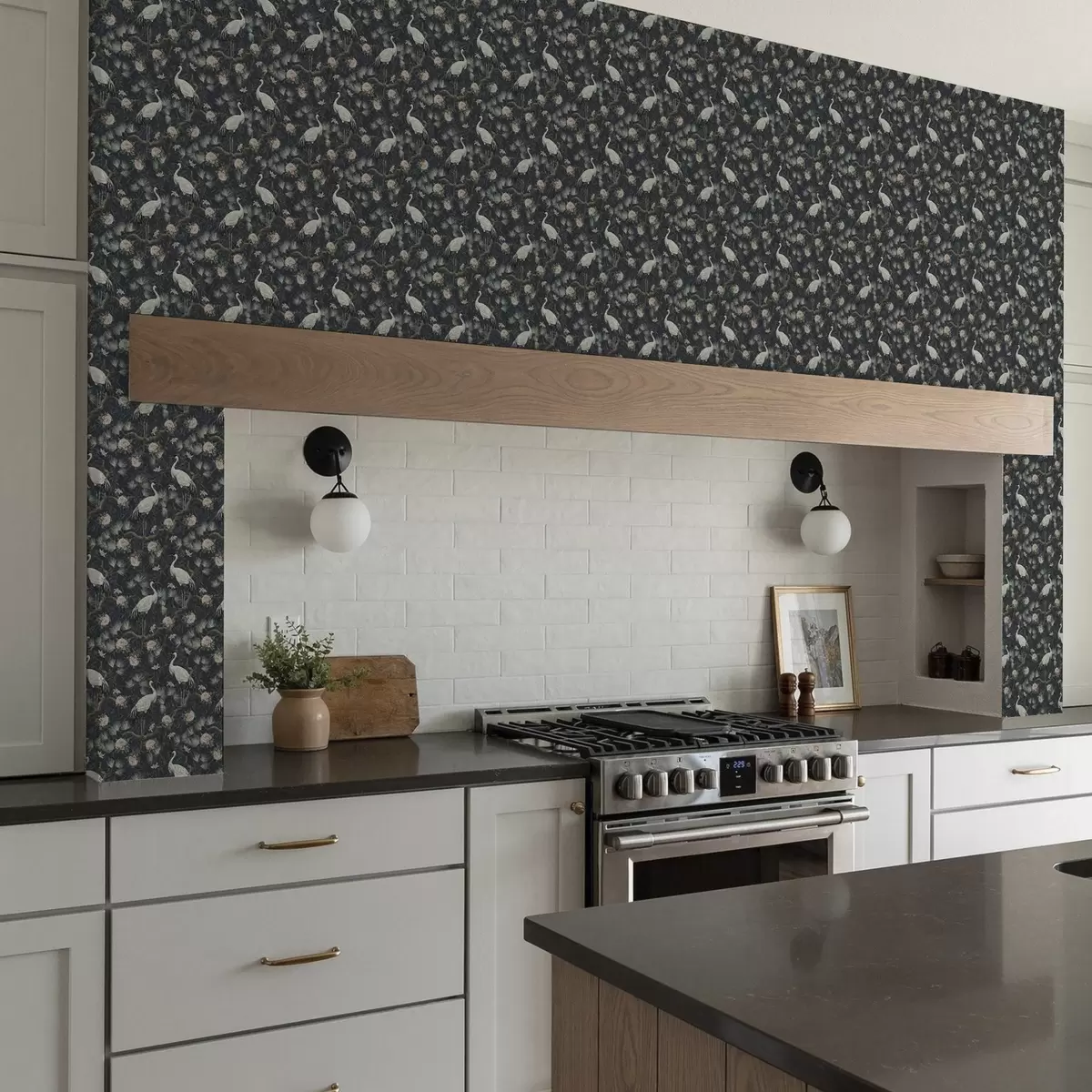 Wallpaper Cranes among pines and peonies on a dark background a00241