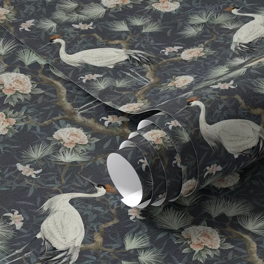 wall murals Cranes among pines and peonies on a dark background a00241