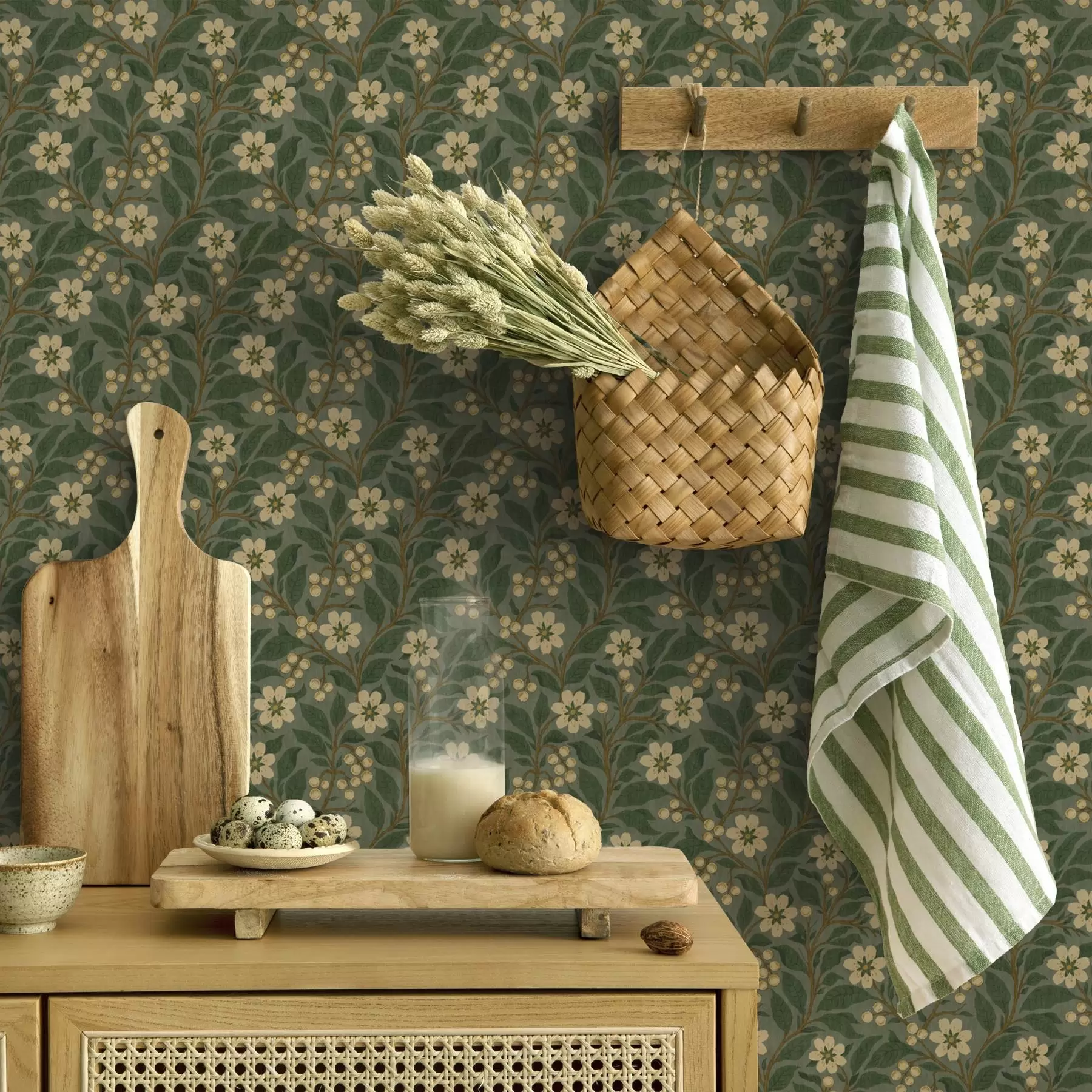 wall murals Yellow flowers and berries on a green background a00242