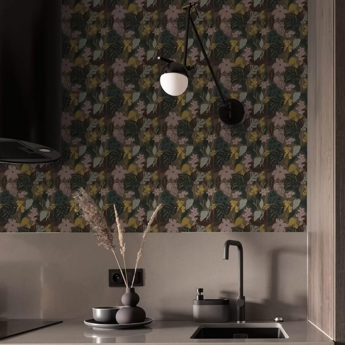 Wallpaper Dark tropical leaves and flowers in a dense painting dense painting a00244