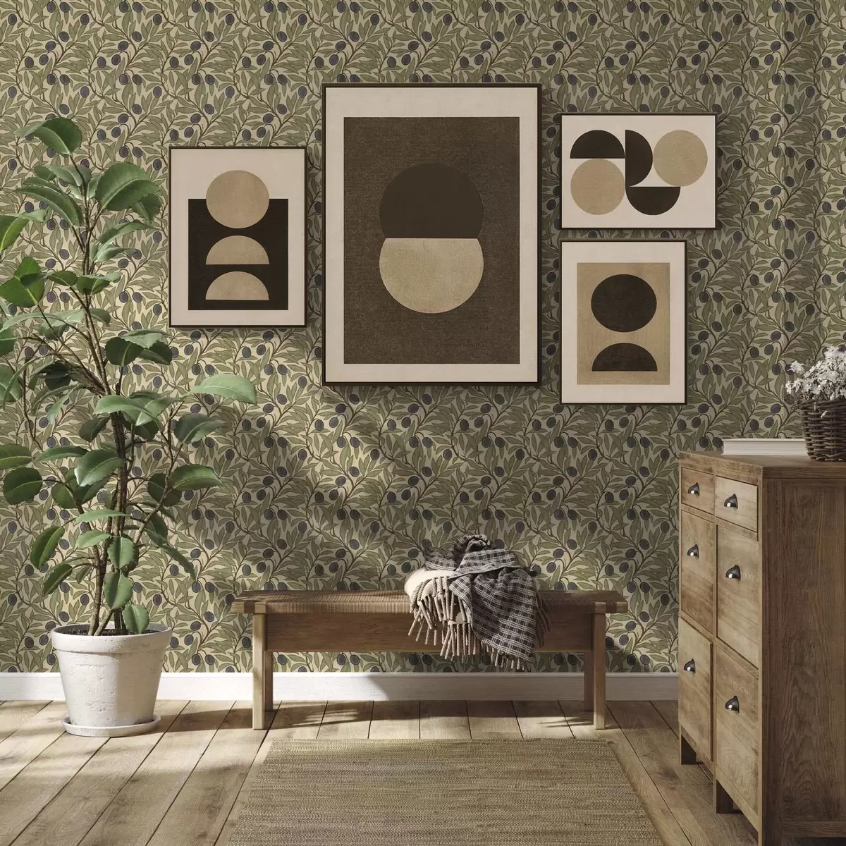 Wallpaper Olives on branches in warm olive palette a00246