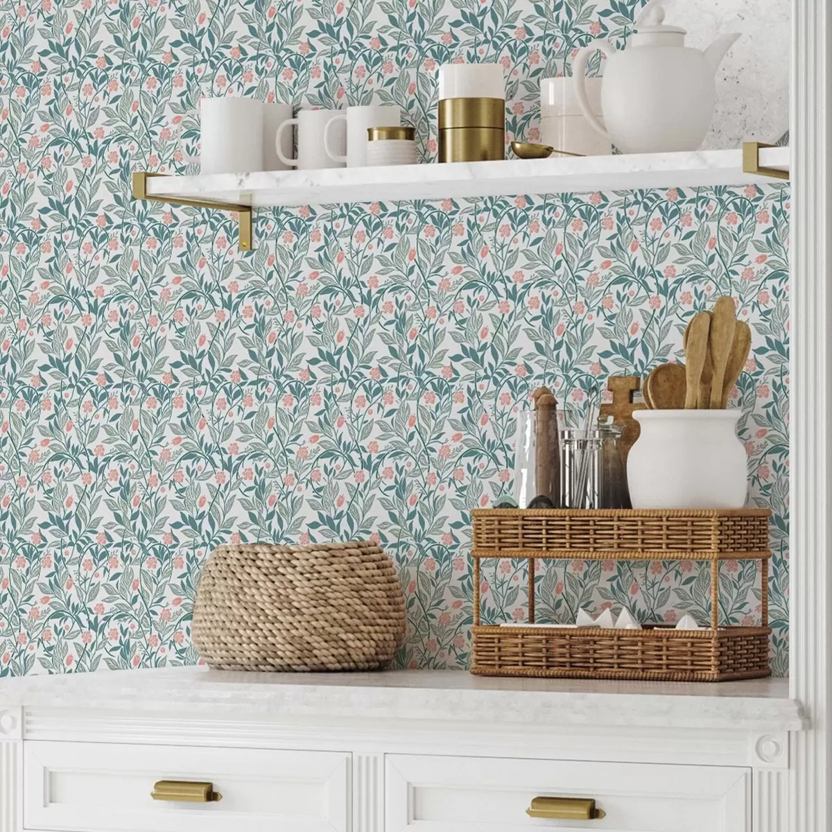 Wallpaper Fresh pattern with coral flowers and leaves a00247