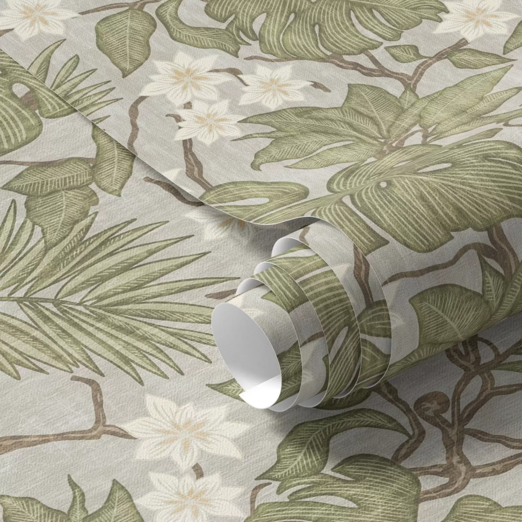 wall murals Tropical monstera leaves and flowers on a gray background a00249