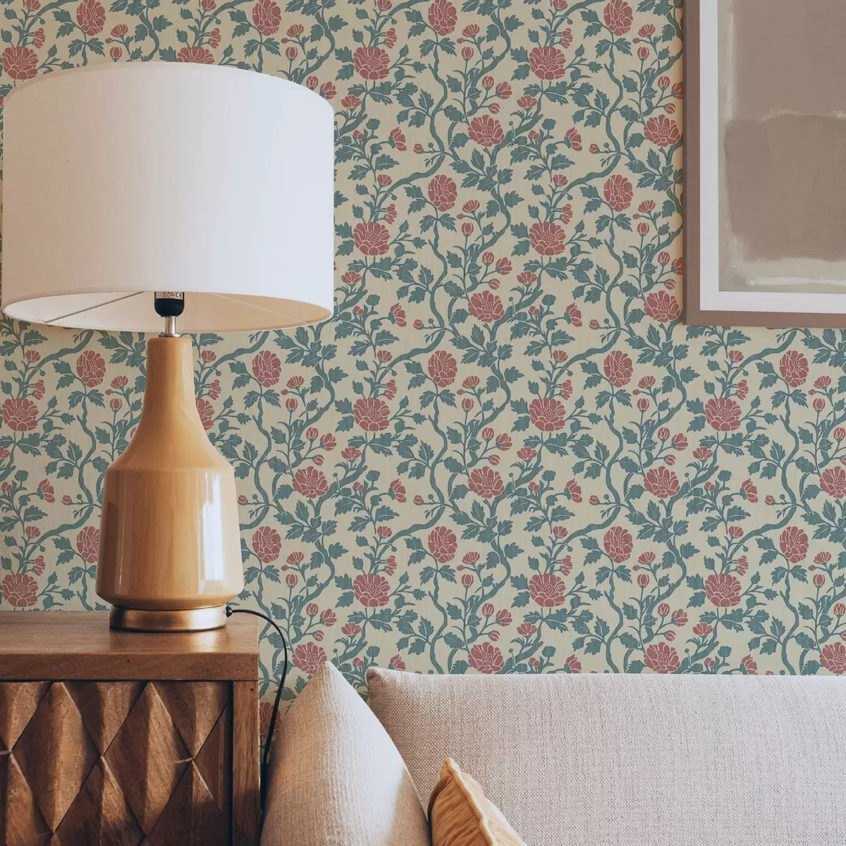 Wallpaper Retro pattern with flowers in red and green a00250