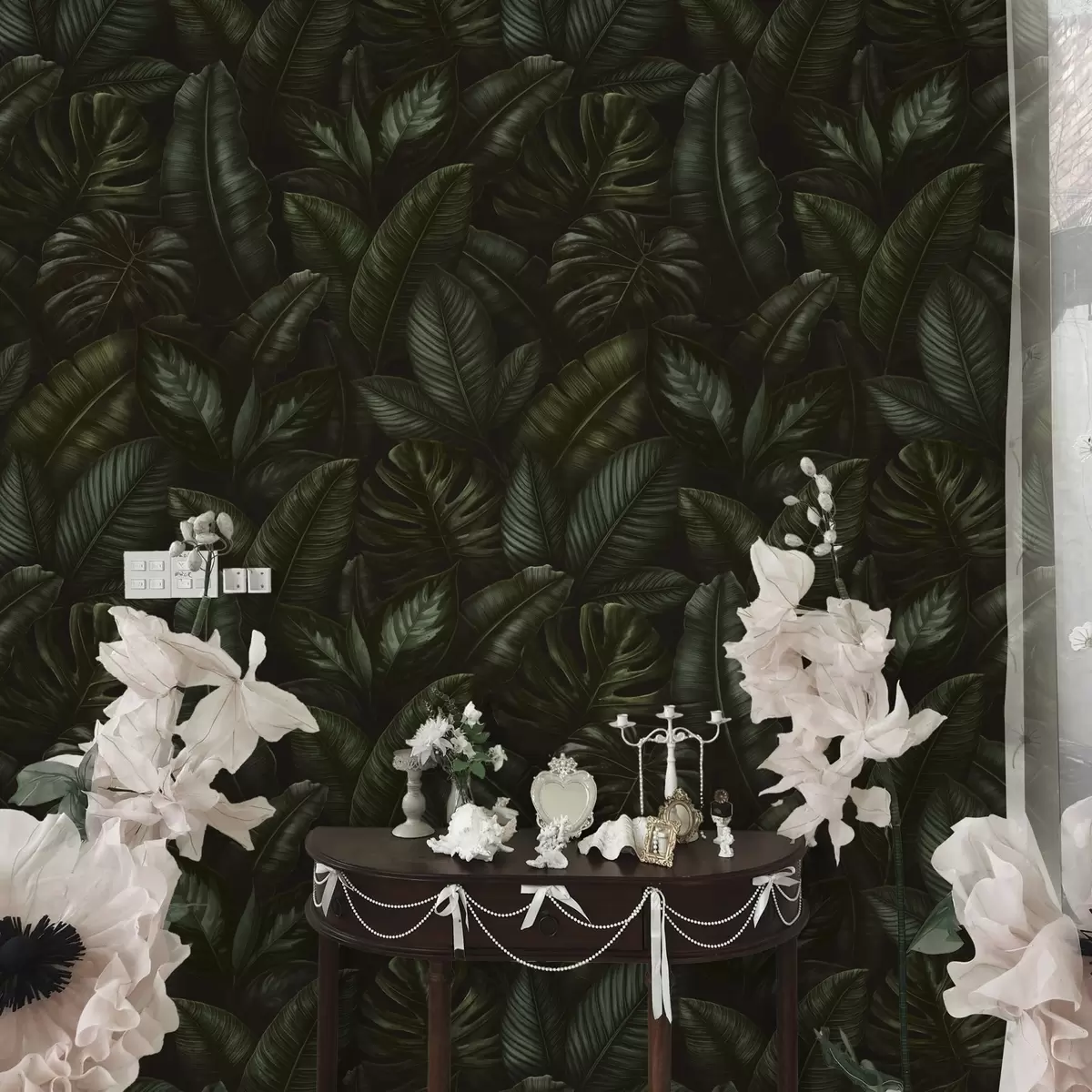 Wallpaper Dark jungle leaves with deep green tones a00251
