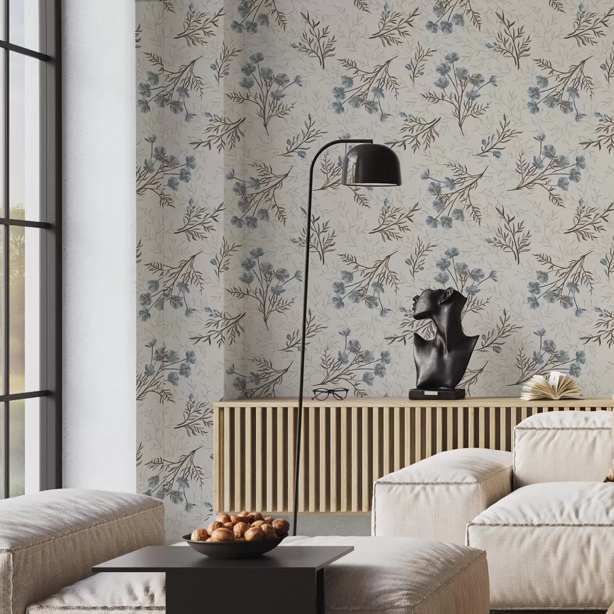 Wallpaper Blue flowers and light branches on a white background a00265v1