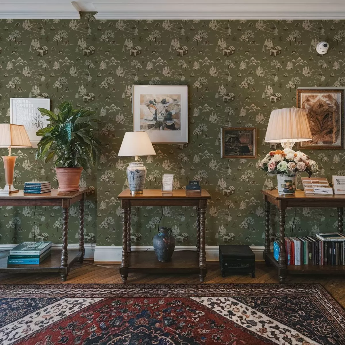 Wallpaper Painted forest with a lake, hut and animals a00267