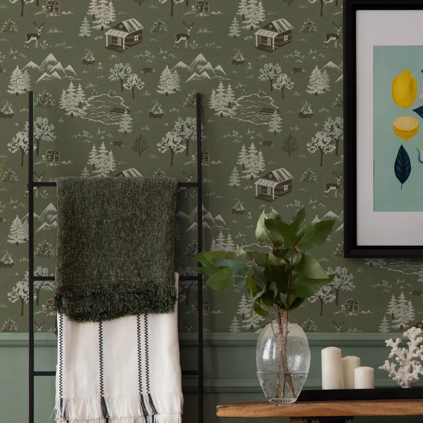 wall murals Painted forest with a lake, hut and animals a00267