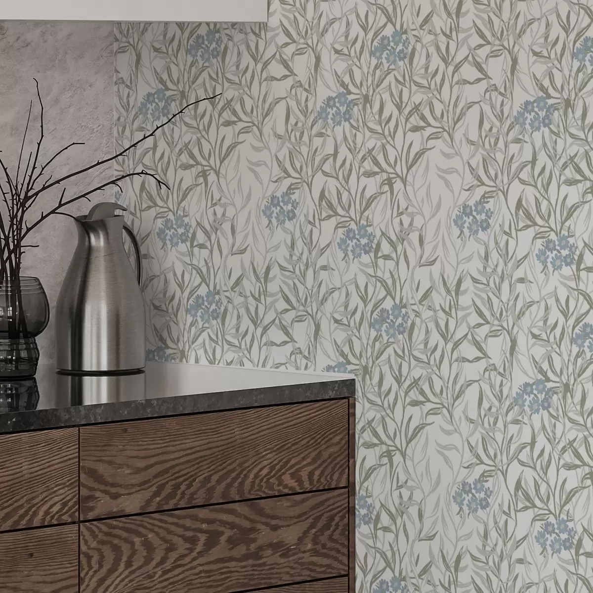 Wallpaper Light botanical print with blue flowers a00268