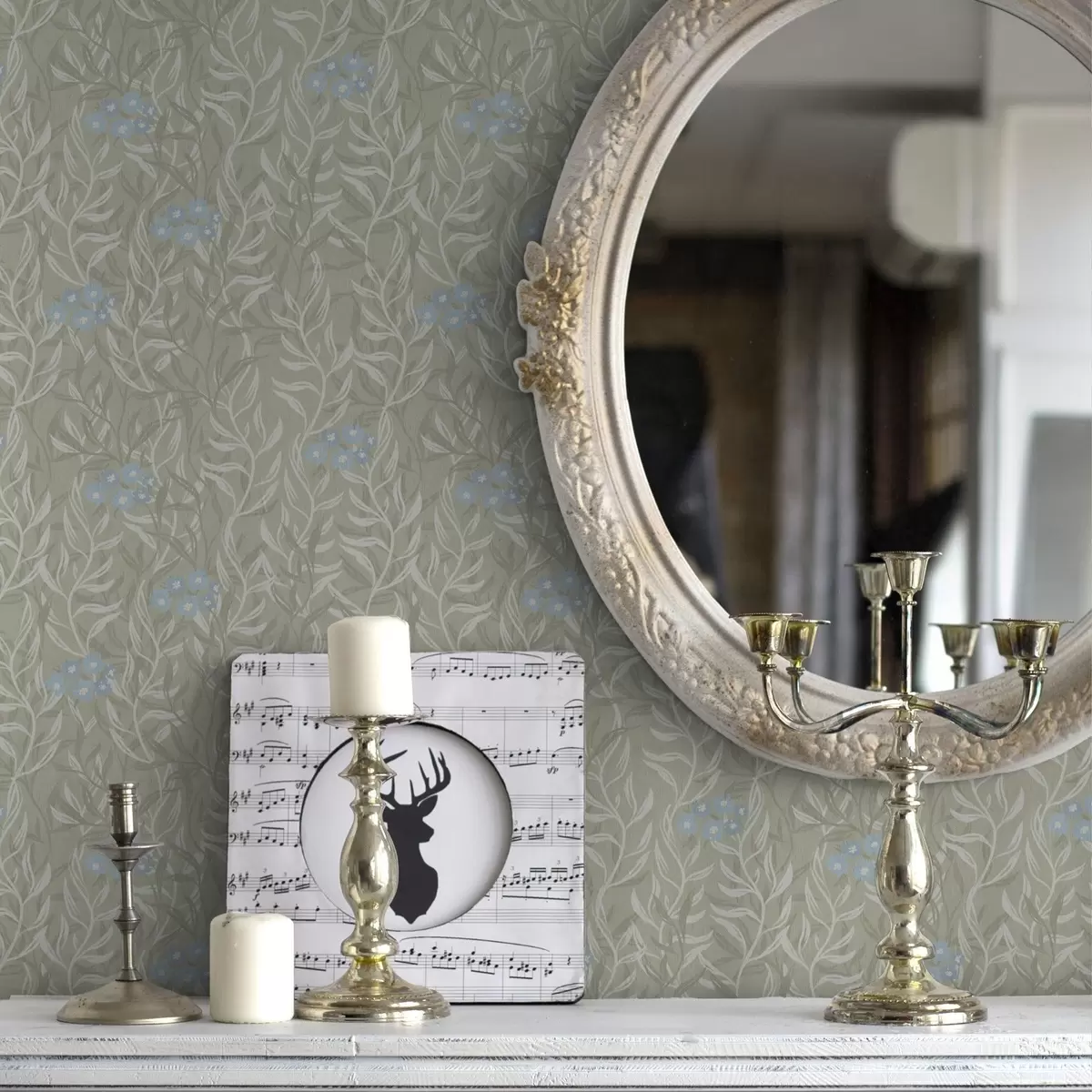 Wallpaper Green background with white branches and blue flowers a00268v1