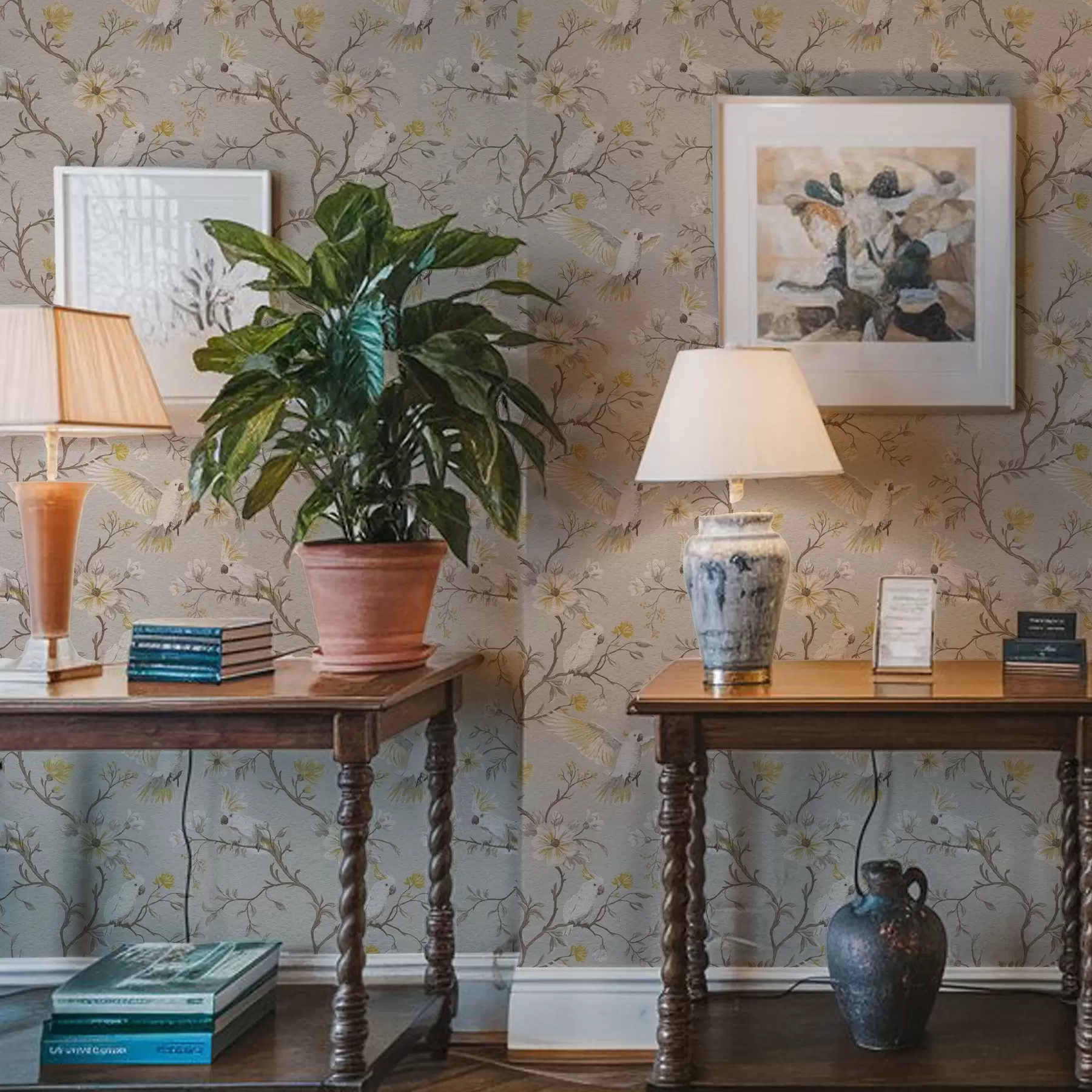 wall murals Parrots and yellow flowers on light background a00270