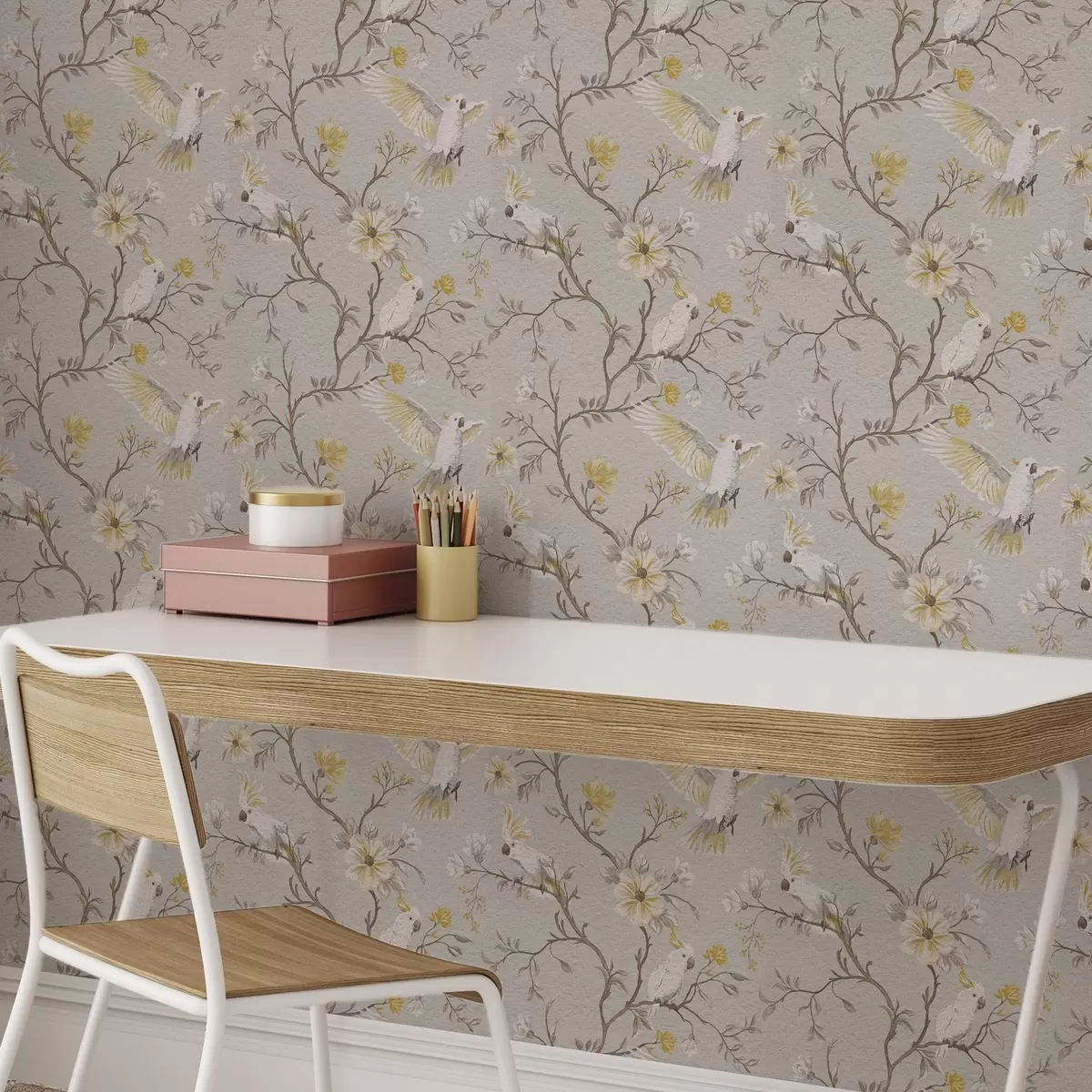 Wallpaper Parrots and yellow flowers on light background a00270