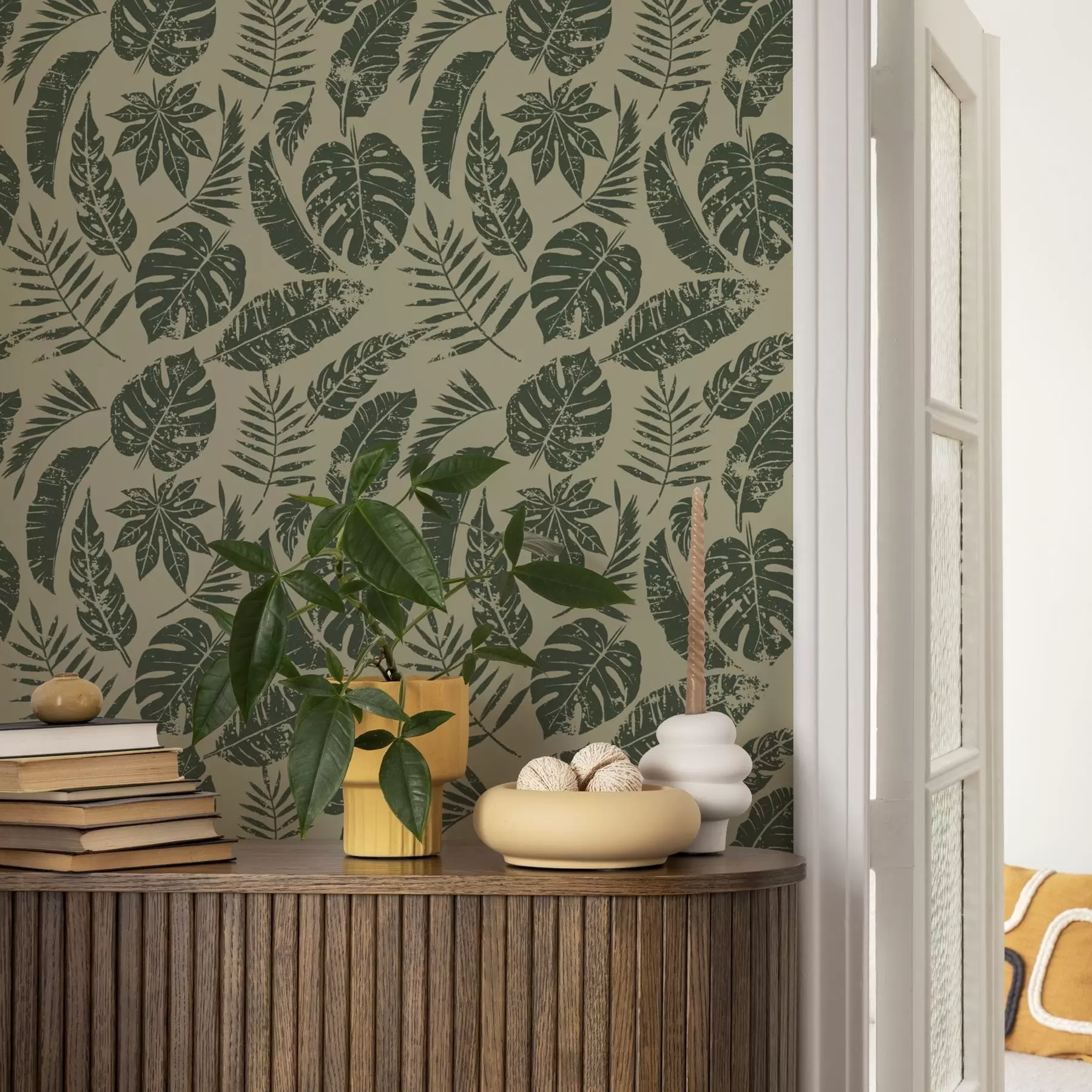 wall murals Tropical leaves in linocut style, green on yellow a00274