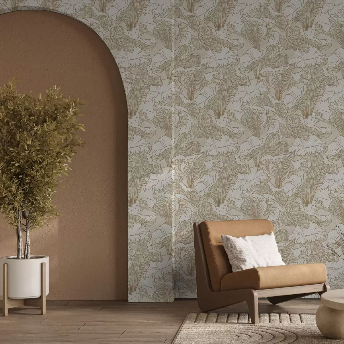 Wallpaper Chanterelle mushrooms, line drawing on cream background a00275