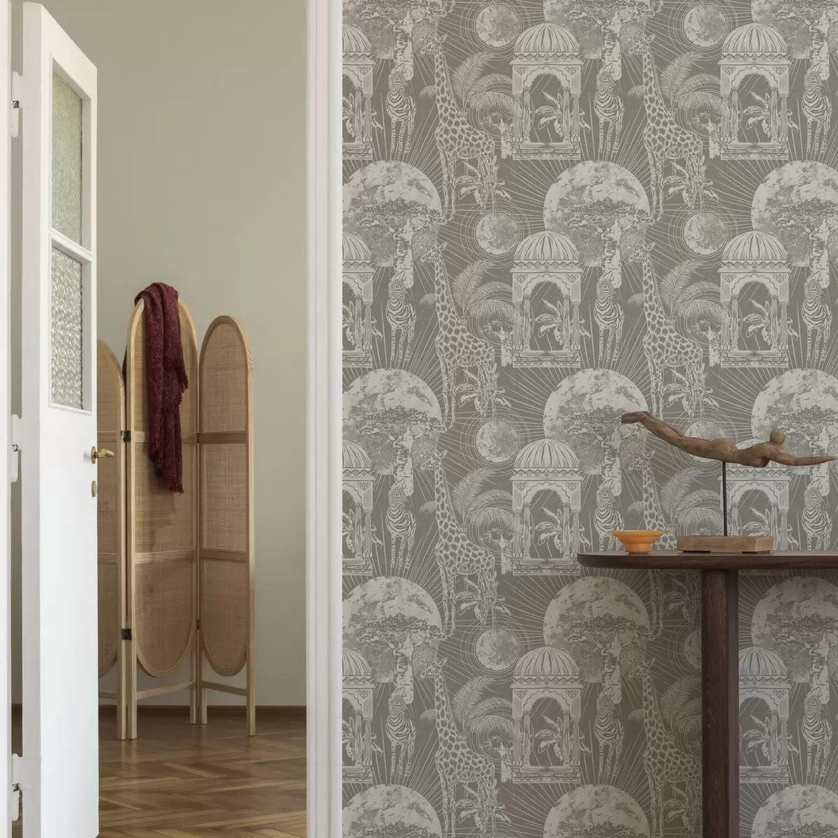 Wallpaper Giraffe and zebra on the background of architecture and tropical trees a00276