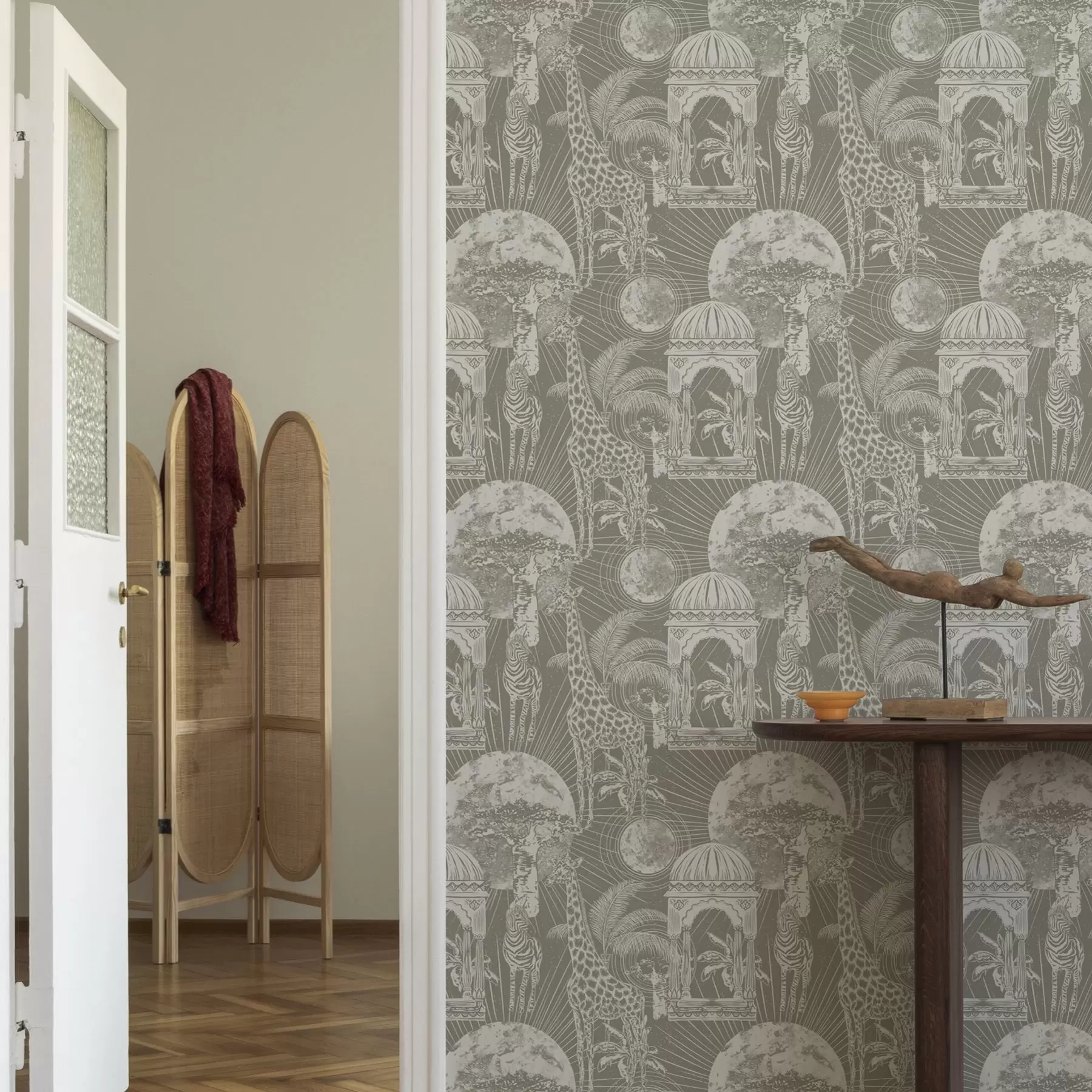 wall murals Giraffe and zebra on the background of architecture and tropical trees a00276