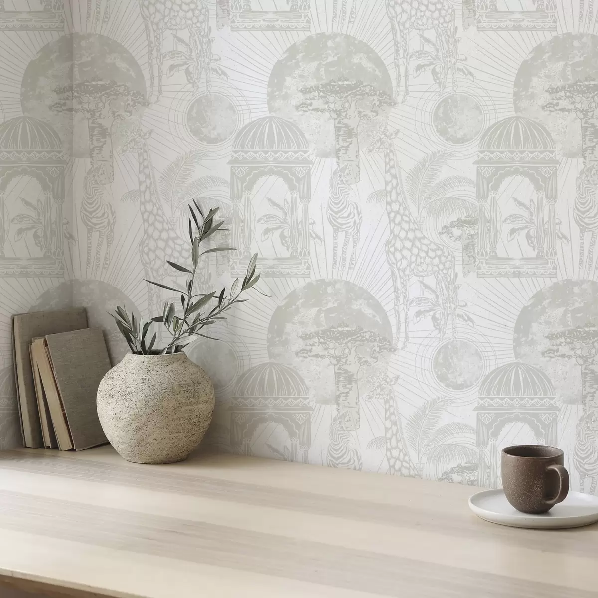 Wallpaper Graphic illustration with giraffe, zebra and palm trees a00276v1