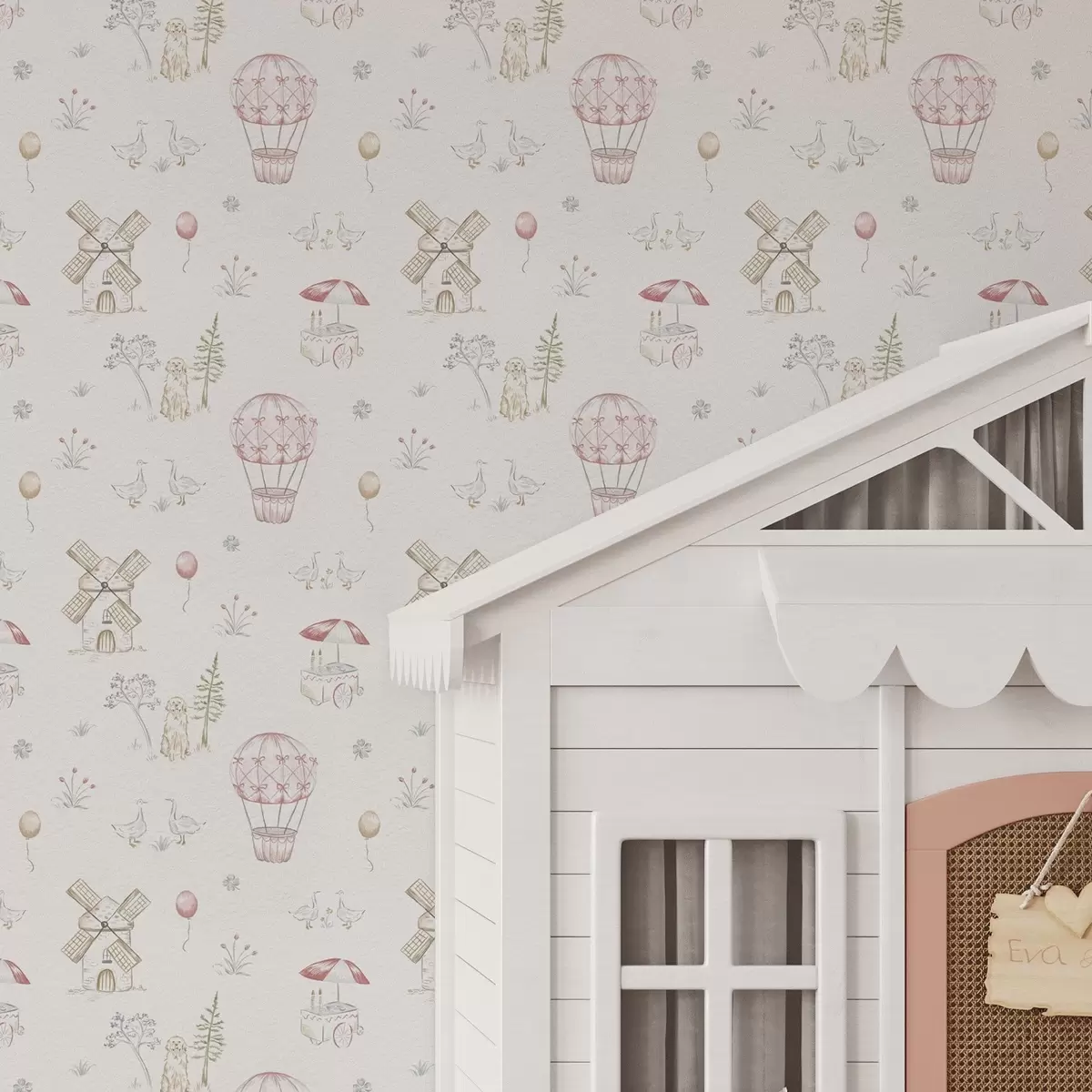 Wallpaper Children's illustrations: Dog, ducks, balls, mill a00278