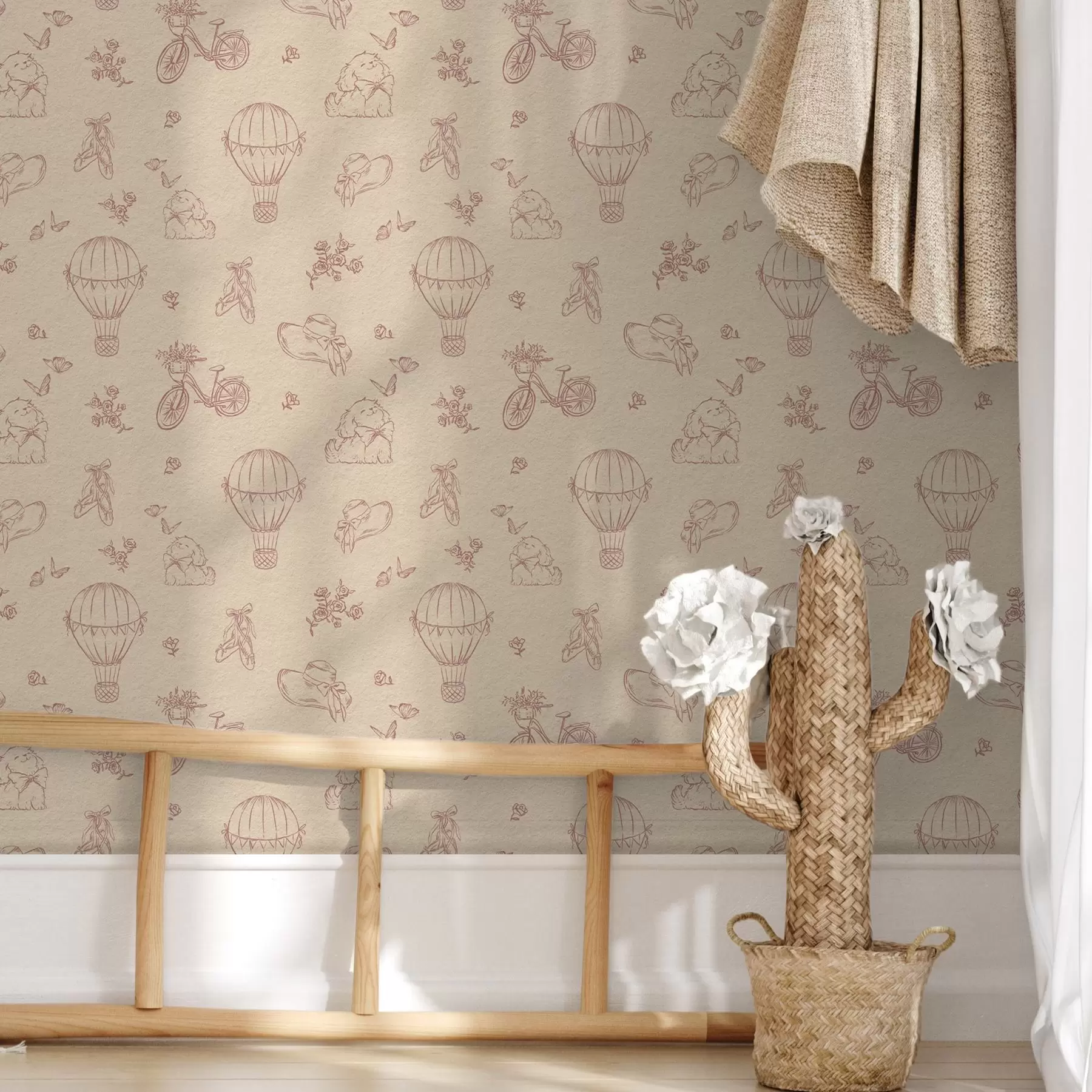wall murals Baby pink pattern with dog, flowers and air a00279