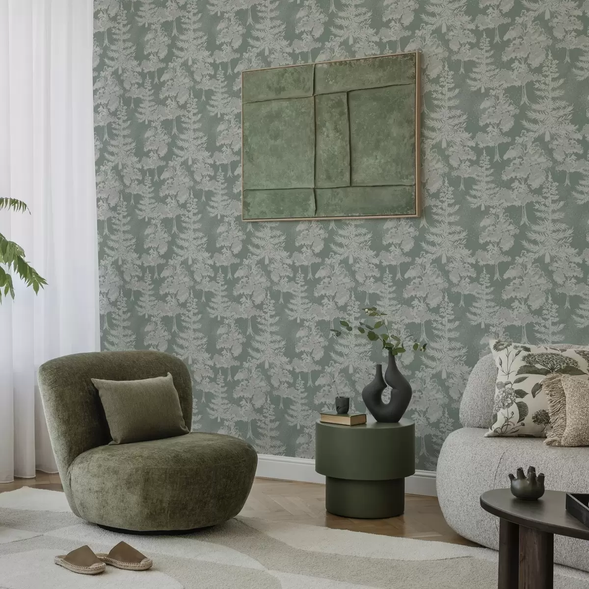 Wallpaper Coniferous trees in chalkboard style on green a00280