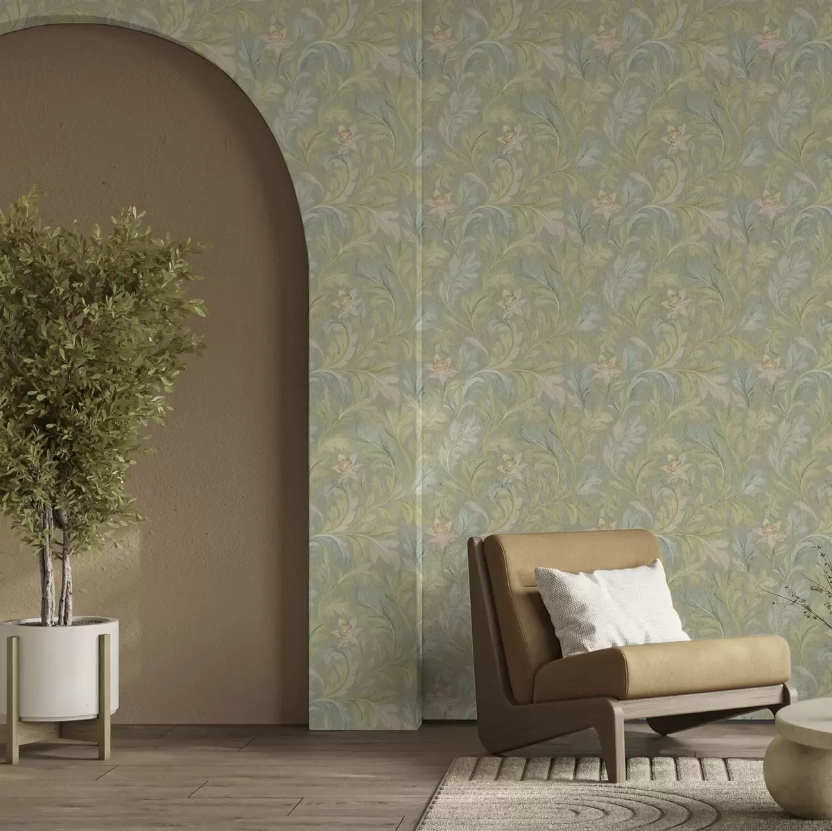 Wallpaper Vintage leaves on green background, pastel colors a00277