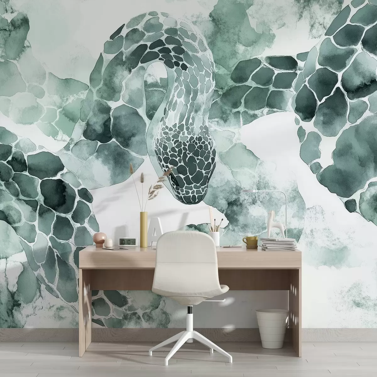 wall murals Snake silhouette, watercolor style, green colors w04113v2