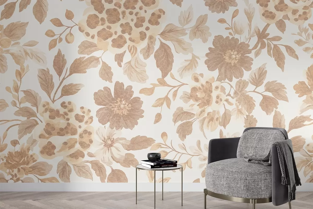 wall murals Boho style flowers with leopard print, beige color w04114