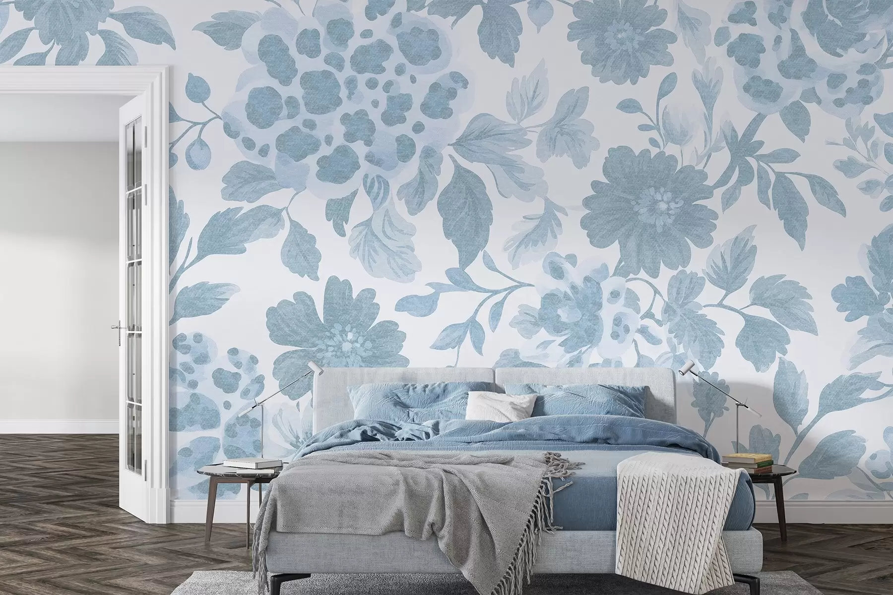 wall murals Boho style flowers with leopard print, blue color w04114v1