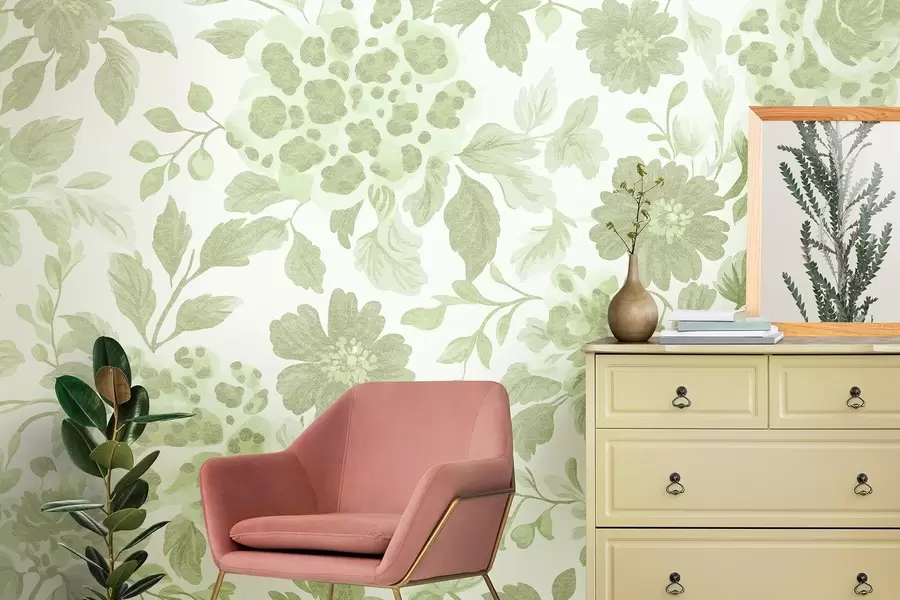 wall murals Boho style flowers with leopard print, green color w04114v2