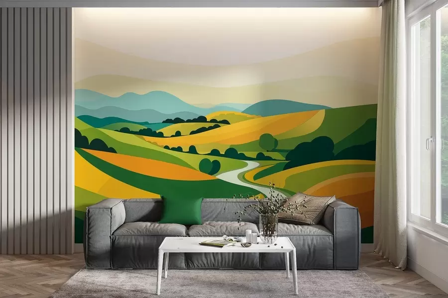 wall murals Abstract landscape with hills and trees, vivid colors w04116