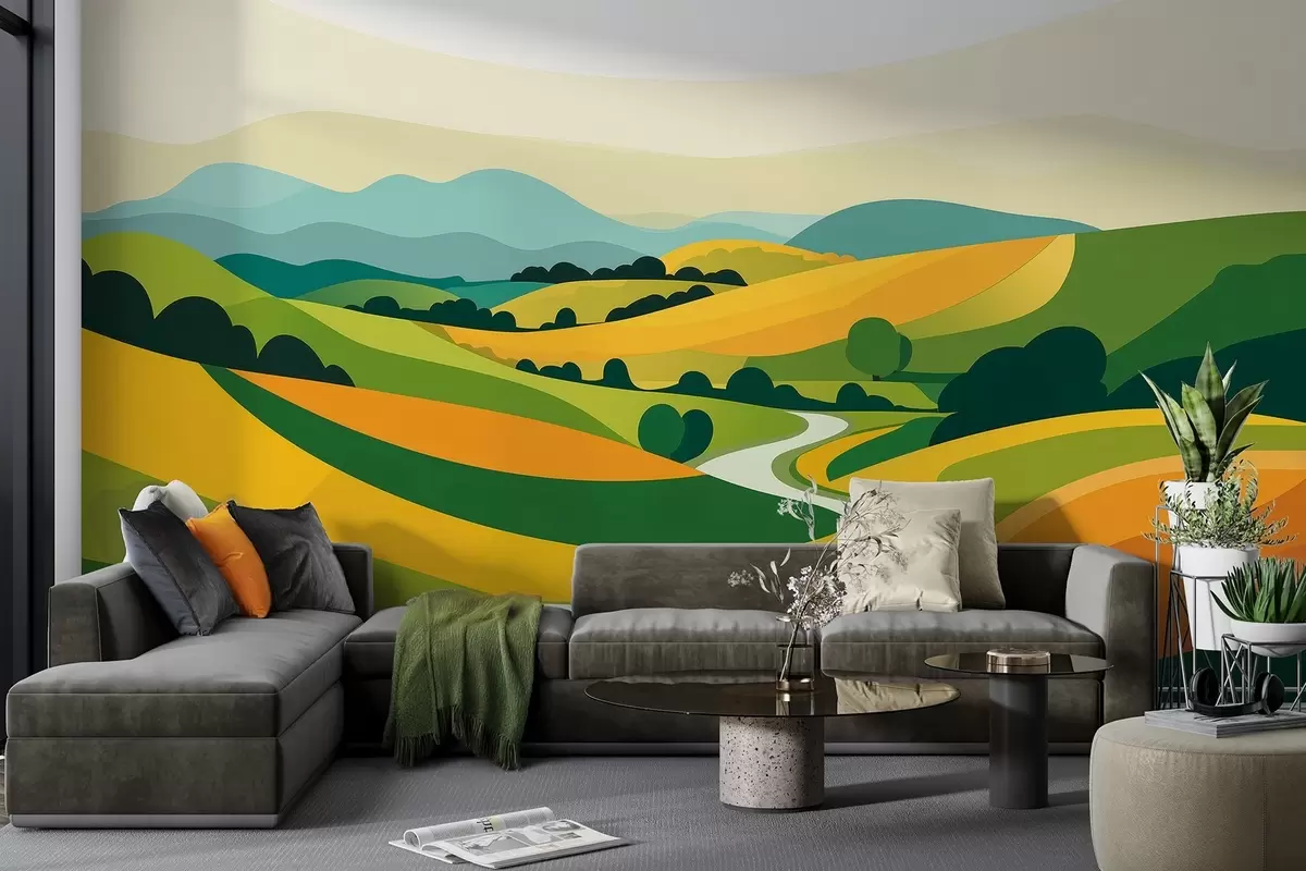 wall murals Abstract landscape with hills and trees, vivid colors w04116