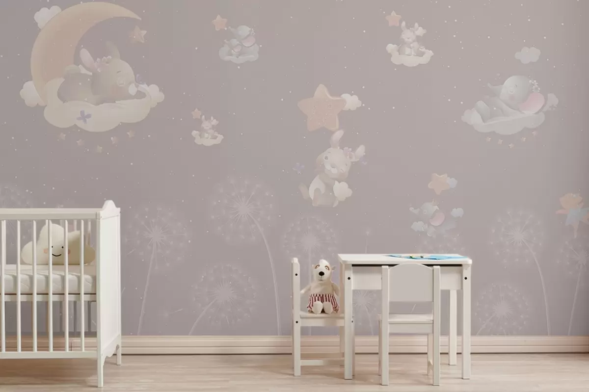 wall murals Fairy tale night with rabbit and dandelions on a pink background w04195v2