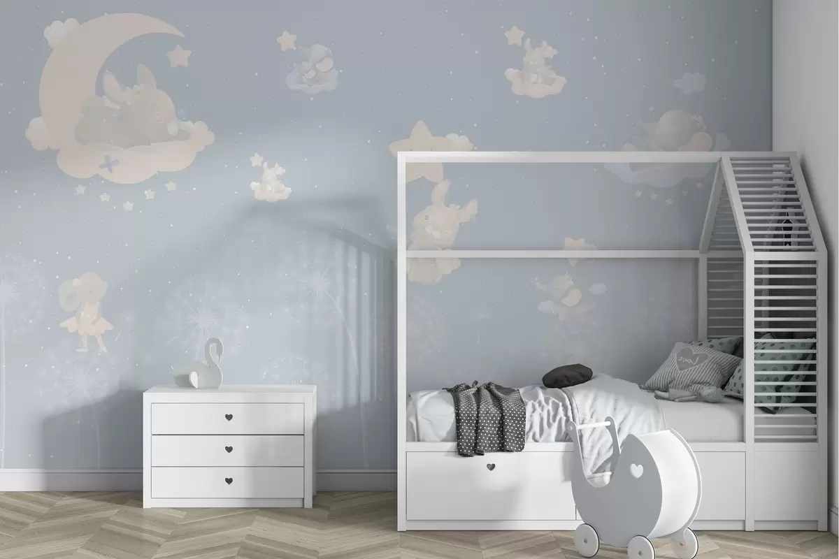 wall murals Nighttime fairy tale with rabbit, stars and pink dandelions w04195v1
