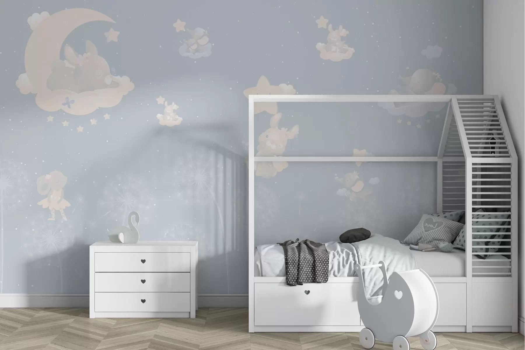 wall murals Nighttime fairy tale with rabbit, stars and pink dandelions w04195v1