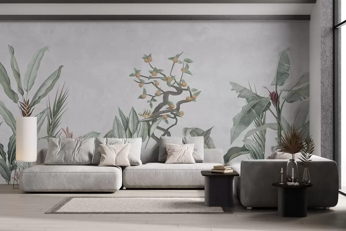 wall murals Tropical plants with orange tree on a light background w04201