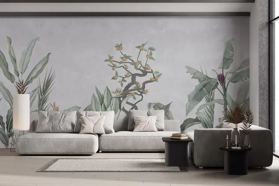 wall murals Tropical plants with orange tree on a light background w04201