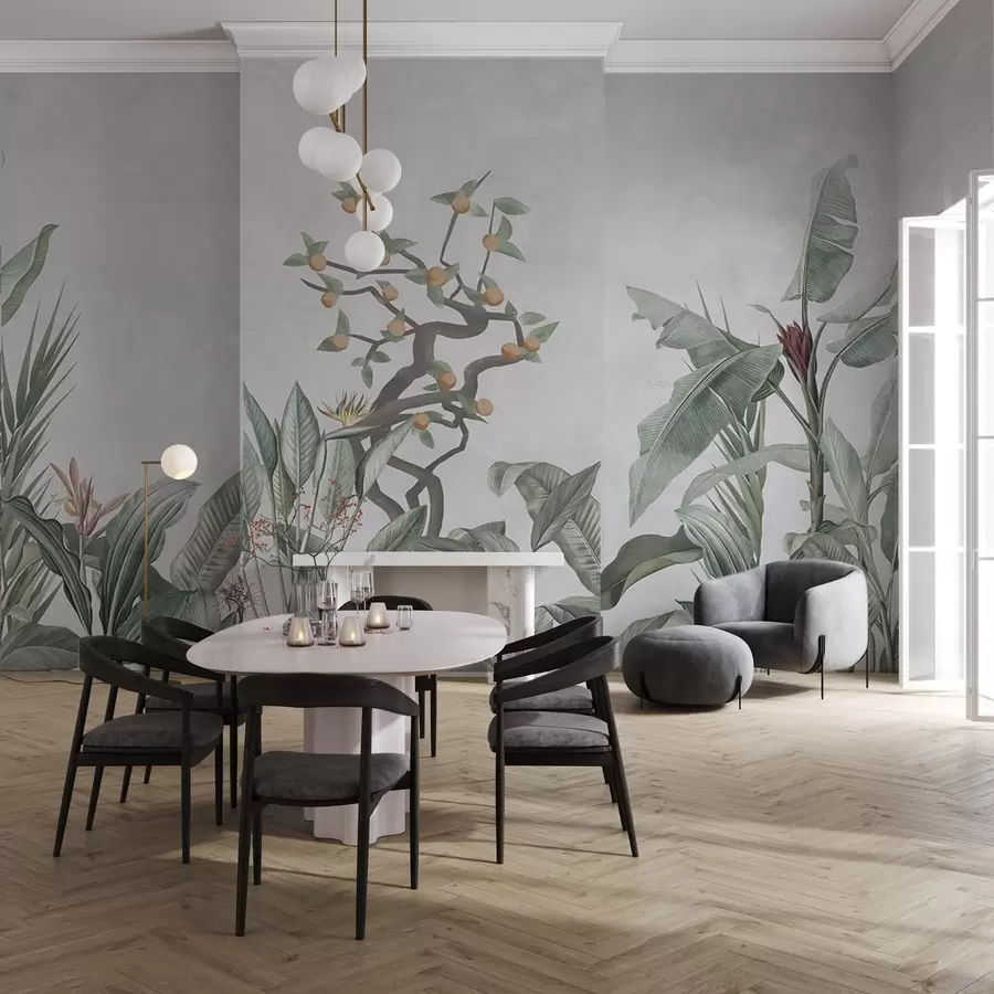 wall murals Tropical plants with orange tree on a light background w04201