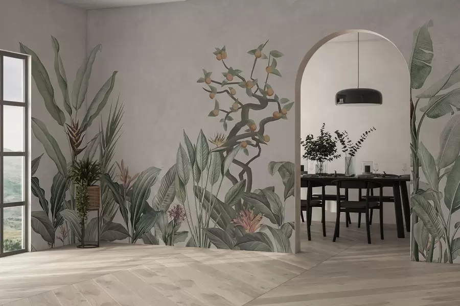 wall murals Tropical composition with plants and tree on a grayish background w04201v1