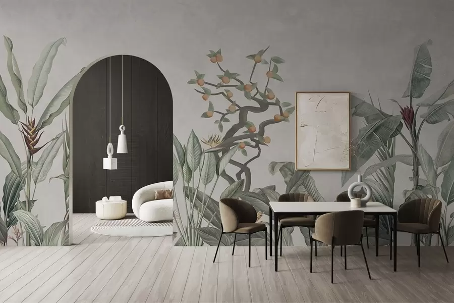 wall murals Tropical composition with plants and tree on a grayish background w04201v1