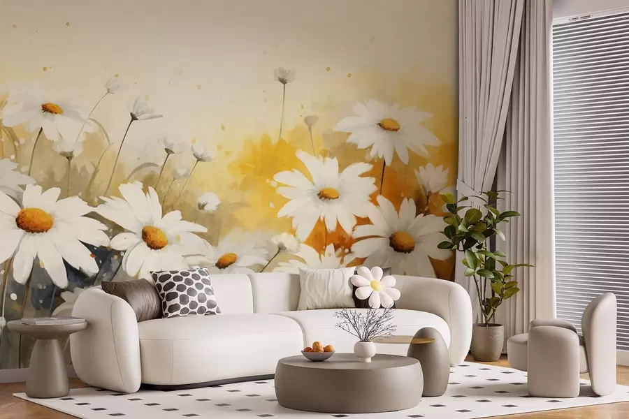 wall murals A field of white daisies with yellow centers, against a soft yellow and beige background, watercolor style  w09218